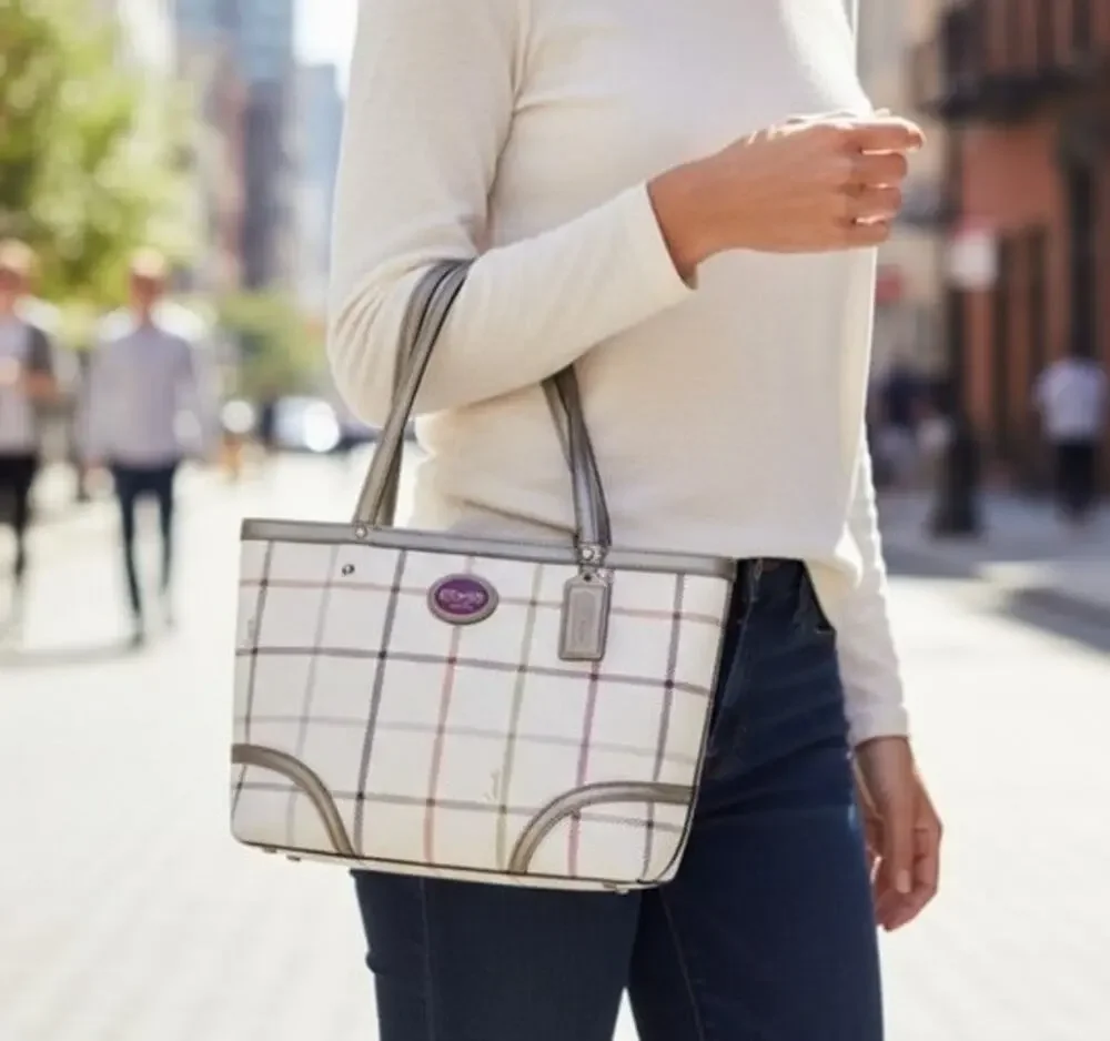 Coach Peyton Small Tattersall Plaid Tote Coated Canvas Leather Trim F48586